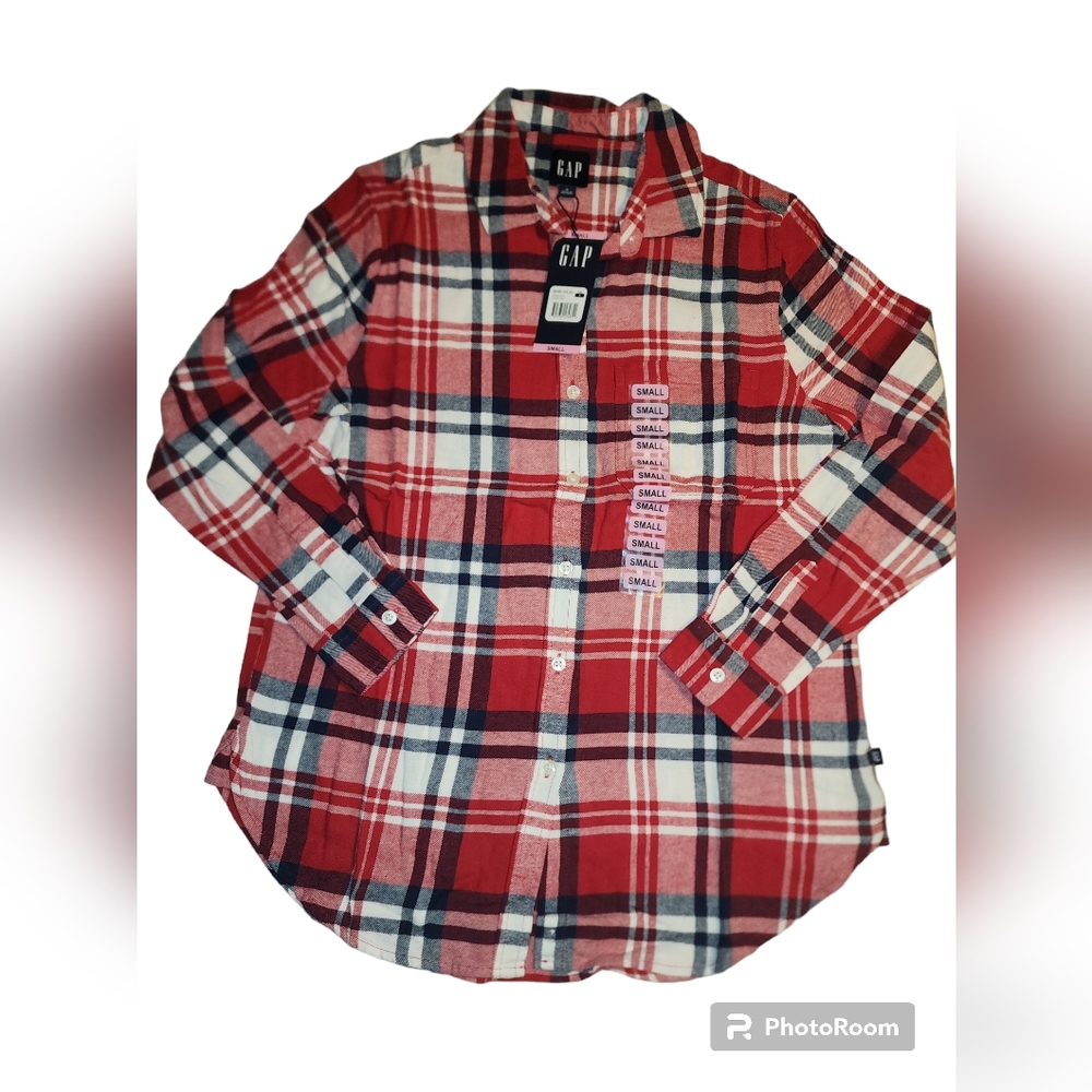 NWT Gap Red Multicolor Long Sleeve Boyfriend Flannel Button Down Shirt Women's S